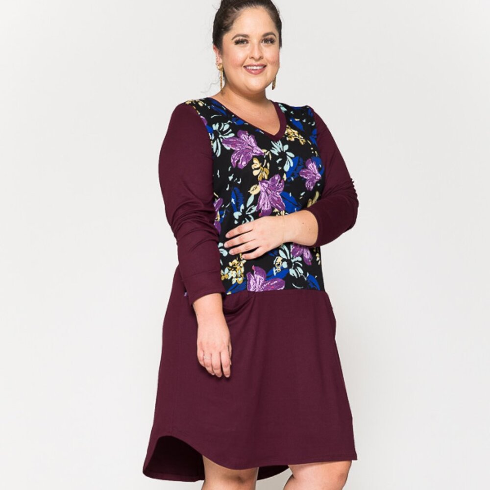 Plus Size Burgundy Floral Long Sleeve Spring Color Blocked Midi Dress